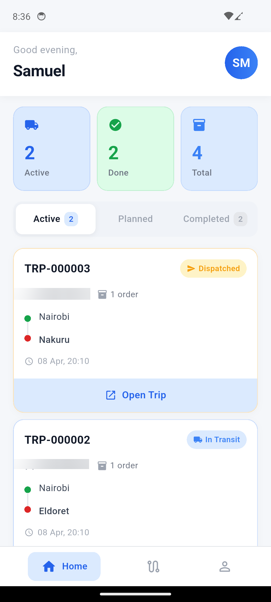 FleetCommand driver app home screen, showing the active trip and trip controls